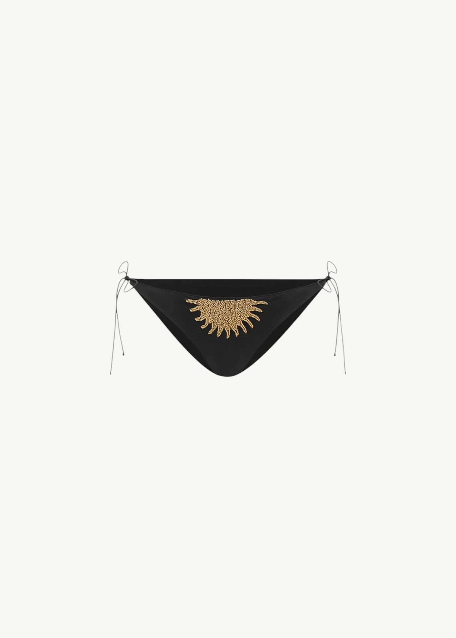 KABE SHOP INC 90's tie-up bikini bottom in black with intricate gold sun-inspired hand-beaded detailing.