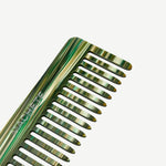 A green and gold striped Italian acetate No. 2 Comb with wide teeth.