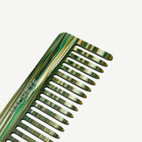 A green and gold striped Italian acetate No. 2 Comb with wide teeth.