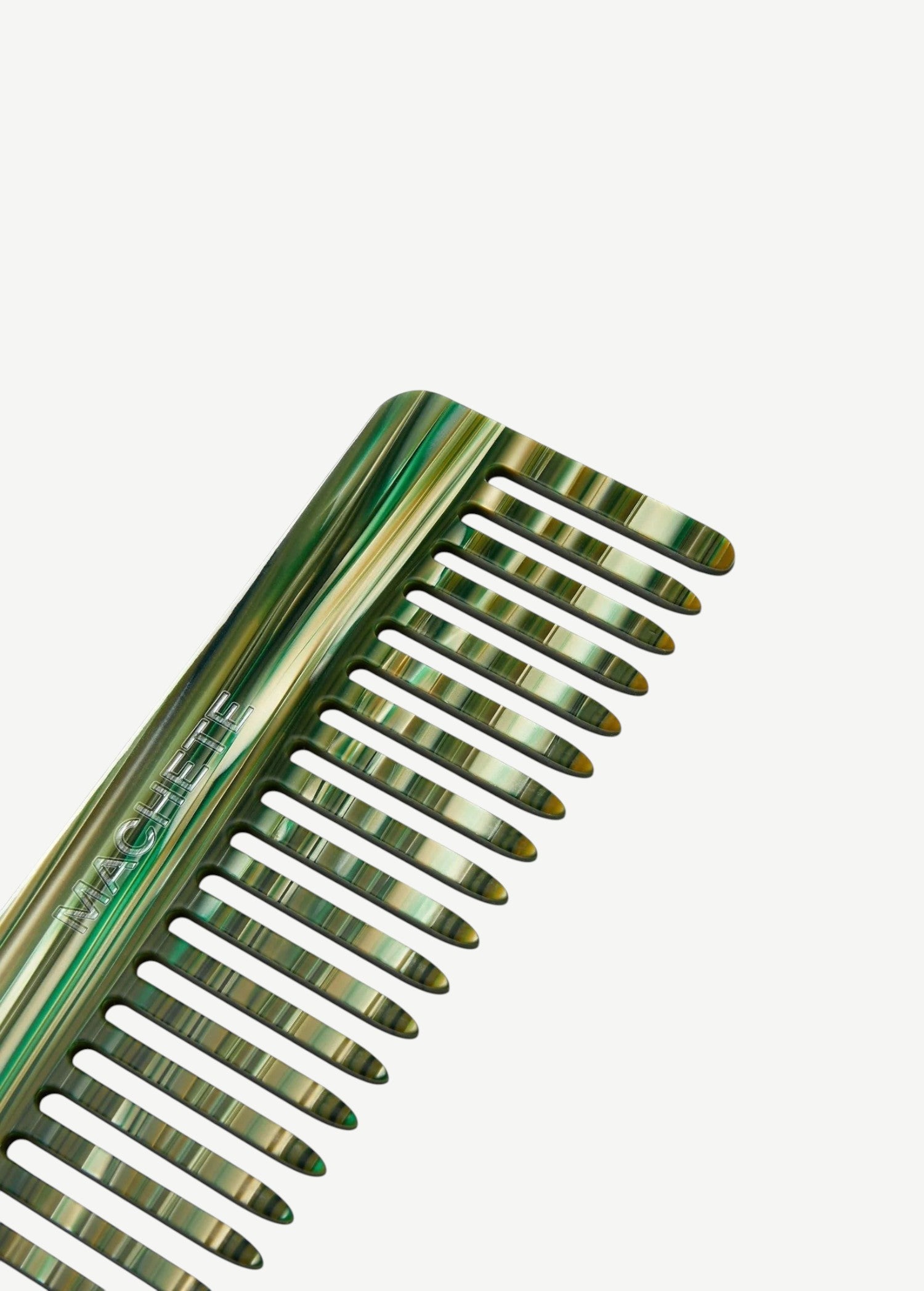 A green and gold striped Italian acetate No. 2 Comb with wide teeth.