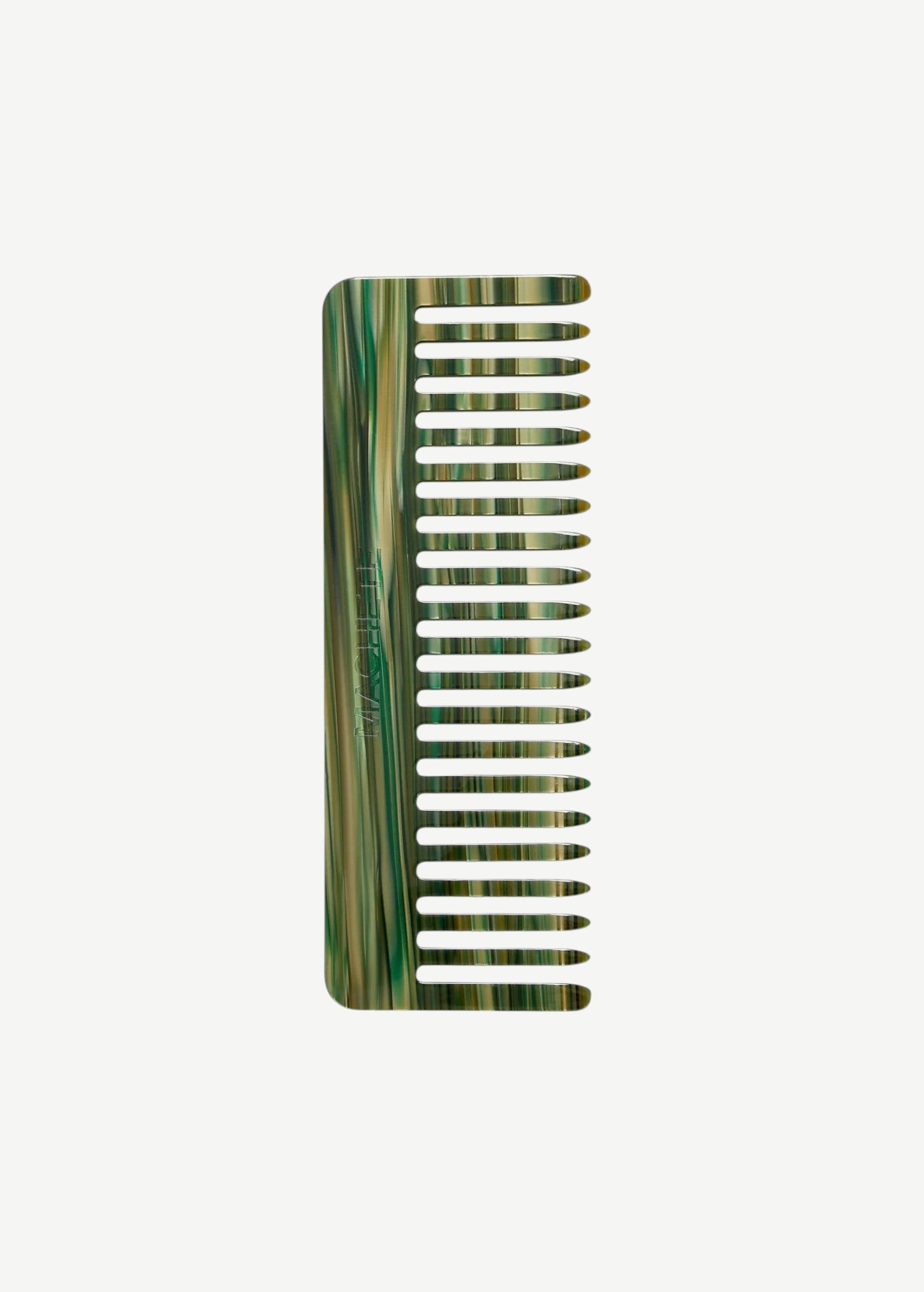 A green and tan marbled Italian acetate No. 2 Comb with wide teeth.