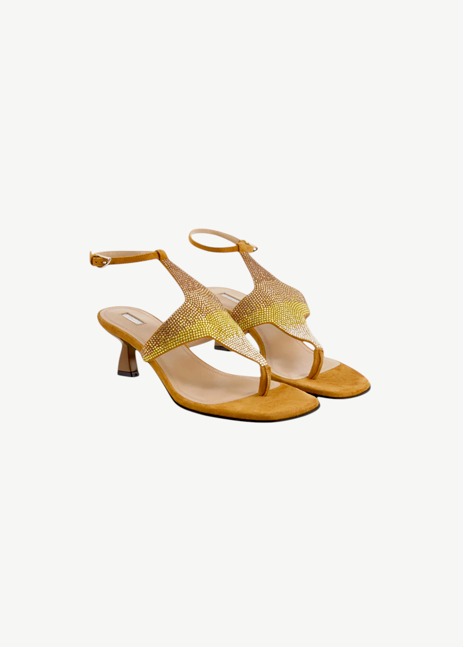 KABE SHOP INC Dona Nova tan suede thong sandals with sculptural heels and radiant gold crystal embellishments