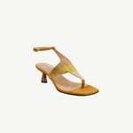 KABE SHOP INC Dona Nova tan suede thong sandals with sculptural heels and radiant gold crystal embellishments