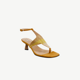 KABE SHOP INC Dona Nova tan suede thong sandals with sculptural heels and radiant gold crystal embellishments