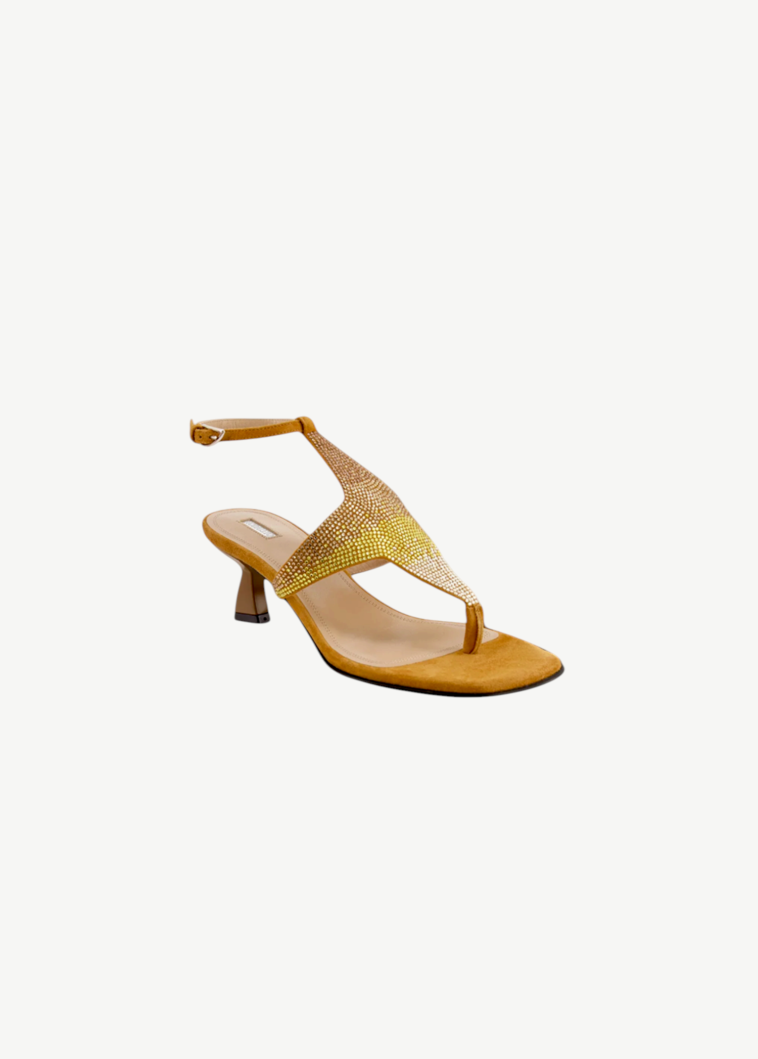 KABE SHOP INC Dona Nova tan suede thong sandals with sculptural heels and radiant gold crystal embellishments