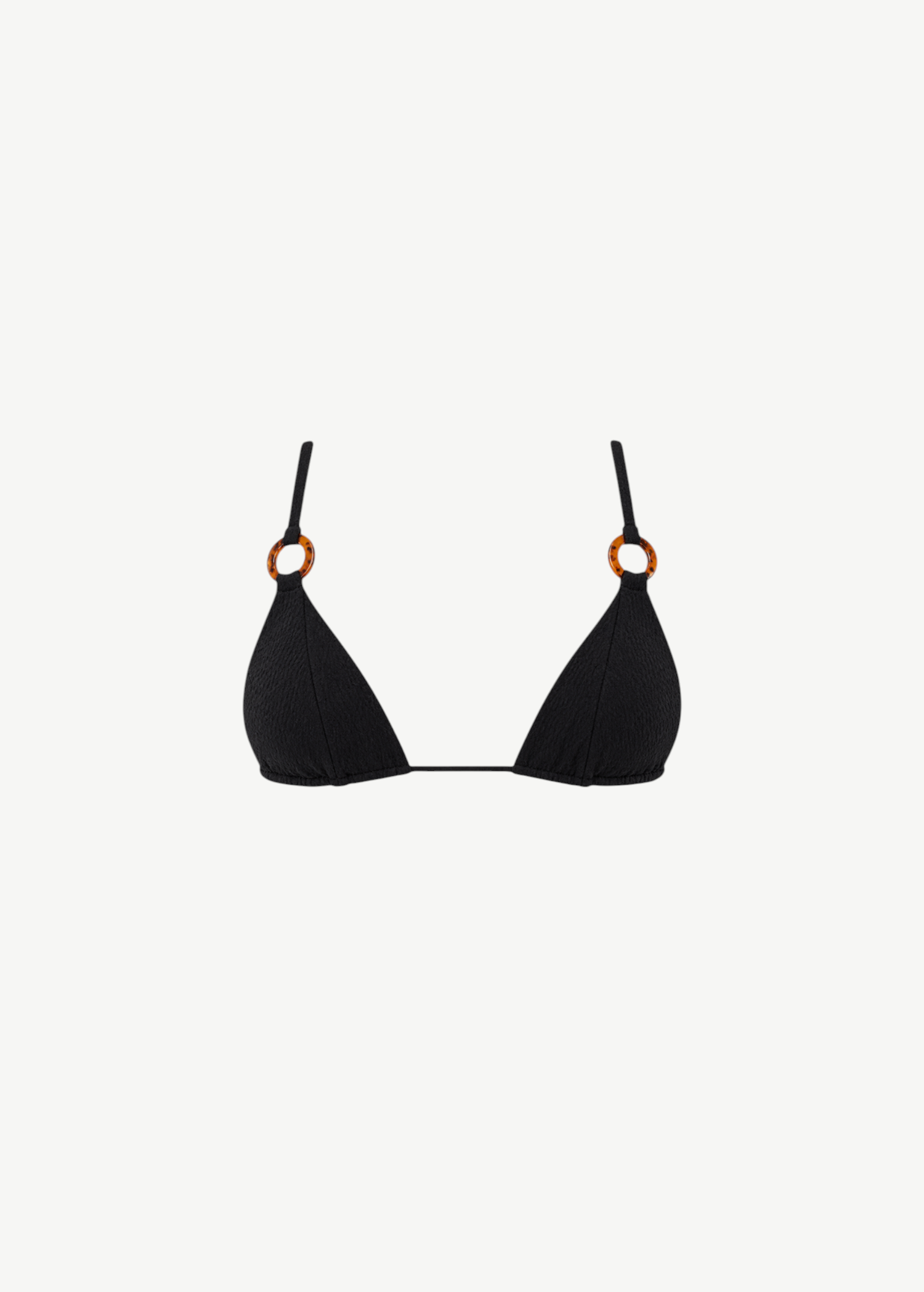 KABE SHOP INC black triangle bikini top with textured jacquard fabric and tortoise shell ring hardware details.