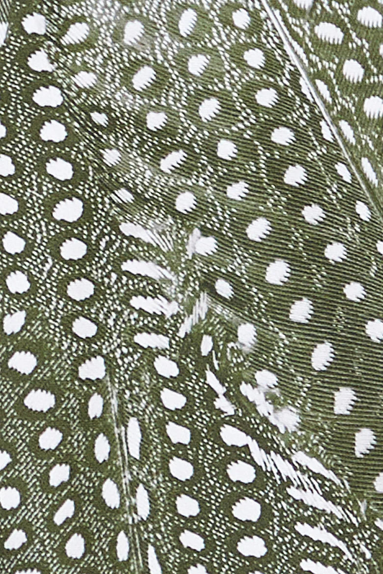 Close-up of a feather with a pattern of white spots on a dark background, reminiscent of the intricate designs featured on the Equator Top Swimwear. The soft texture and evenly distributed spots evoke the stylish aesthetic often found in this recycled nylon triangle bikini top.