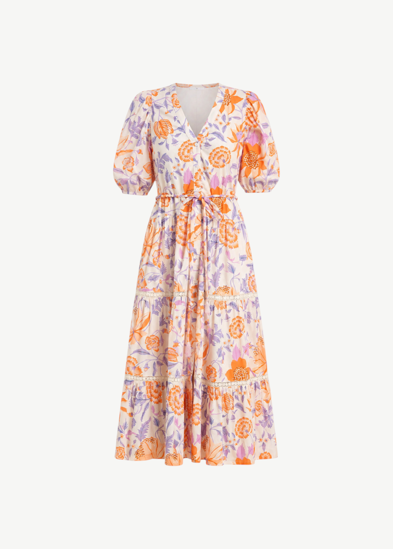 KABE SHOP INC Anyeta dress featuring a floral print in orange and purple with puff sleeves and lace trim details.