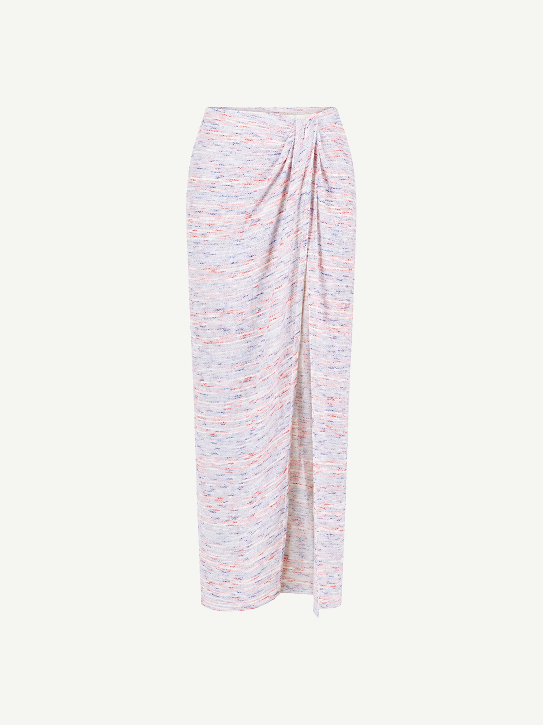 The Sarong Skirt is a long, high-waisted piece with a pastel multicolor speckled pattern. It features a straight silhouette, ankle-length hem, and is accented by a side drape and gathered waist detail—perfect for effortless beachwear.