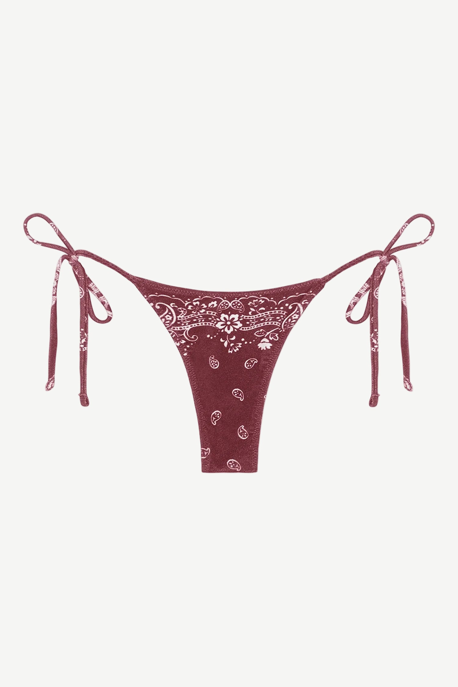 Praia Bottom—maroon bikini bottom with a white paisley bandana print, crafted from eco terry fabric and featuring adjustable side tie straps—displayed on a white background.