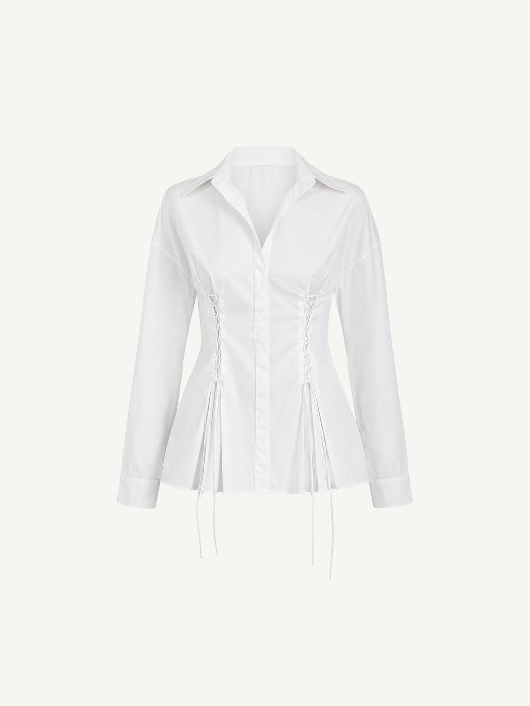 Laced Button Down white long-sleeve shirt featuring corset-style lace-up detailing at the sides for a feminine silhouette.