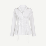 Laced Button Down white long-sleeve shirt featuring corset-style lace-up detailing at the sides for a feminine silhouette.