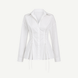 Laced Button Down white long-sleeve shirt featuring corset-style lace-up detailing at the sides for a feminine silhouette.