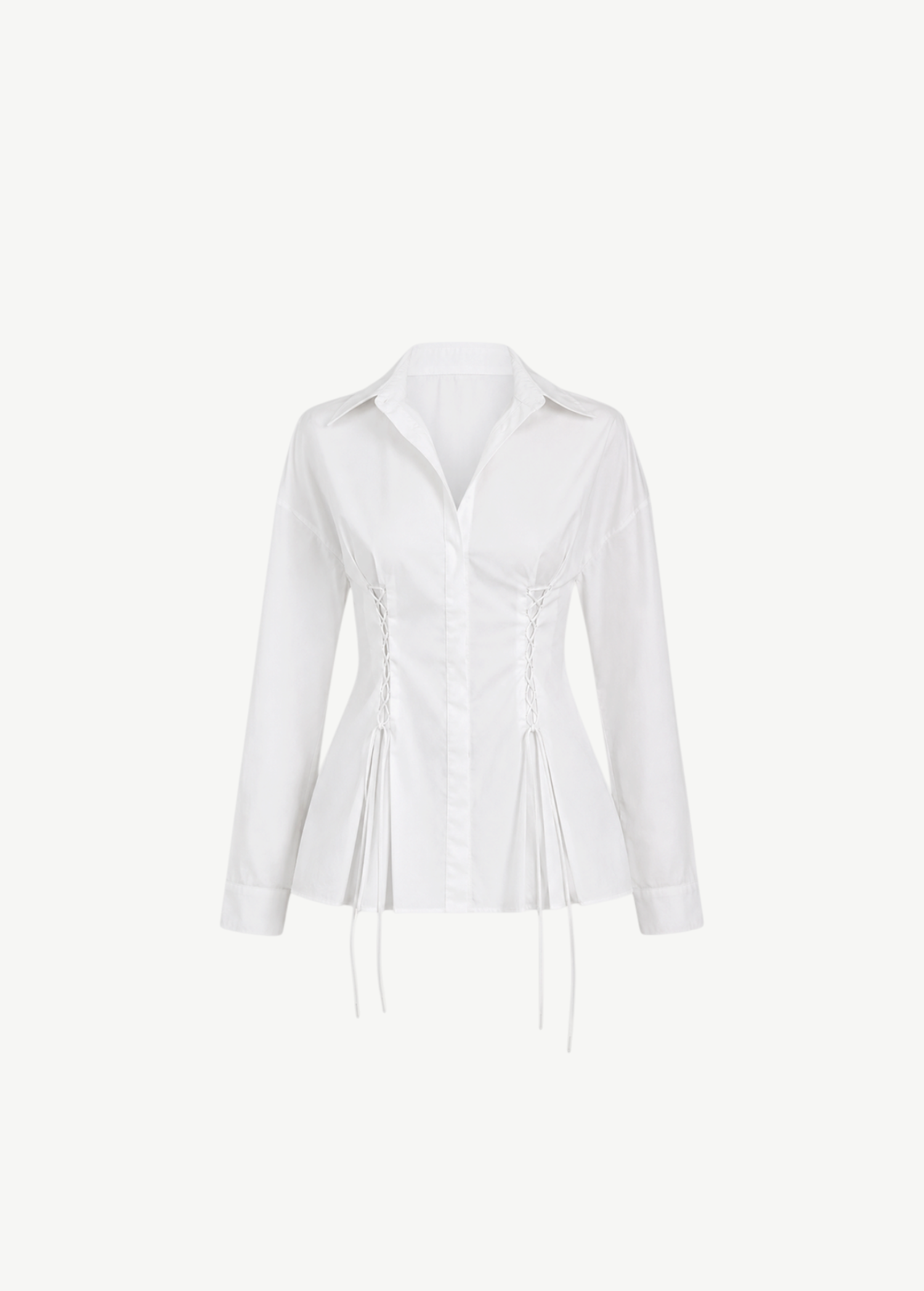 Laced Button Down white long-sleeve shirt featuring corset-style lace-up detailing at the sides for a feminine silhouette.