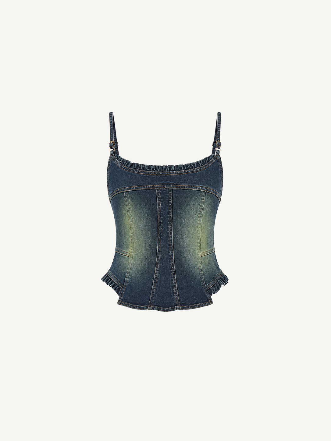 Denim Corset Top with a sculptural silhouette, spaghetti straps, and ruffle accents along the neckline and hem.