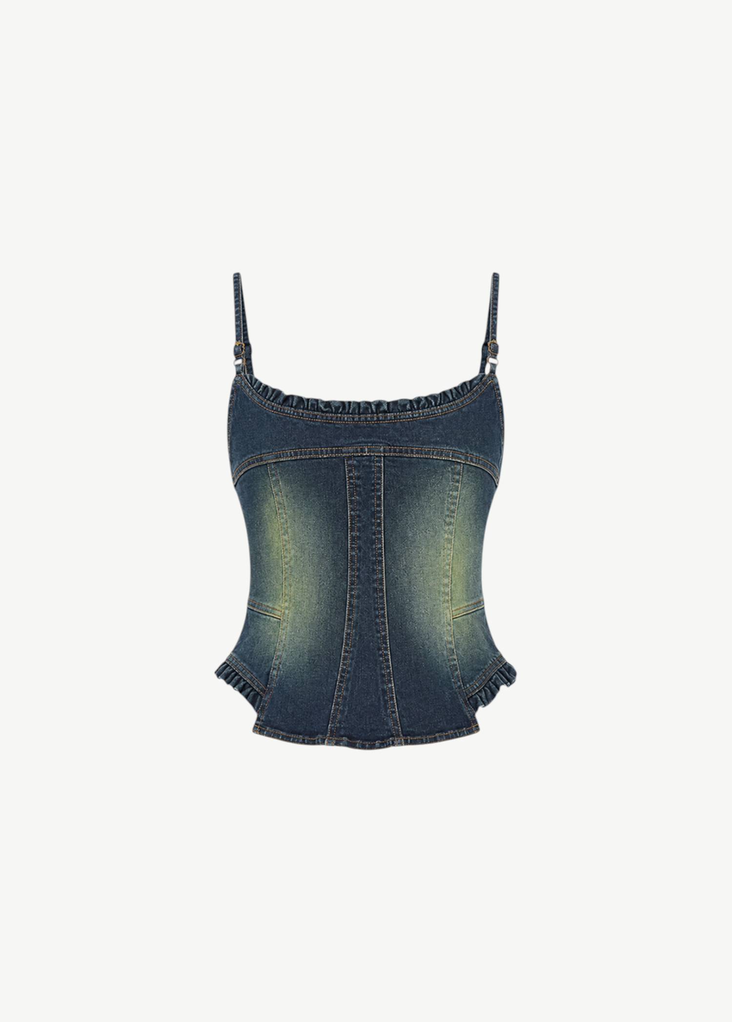 Denim Corset Top with a sculptural silhouette, spaghetti straps, and ruffle accents along the neckline and hem.