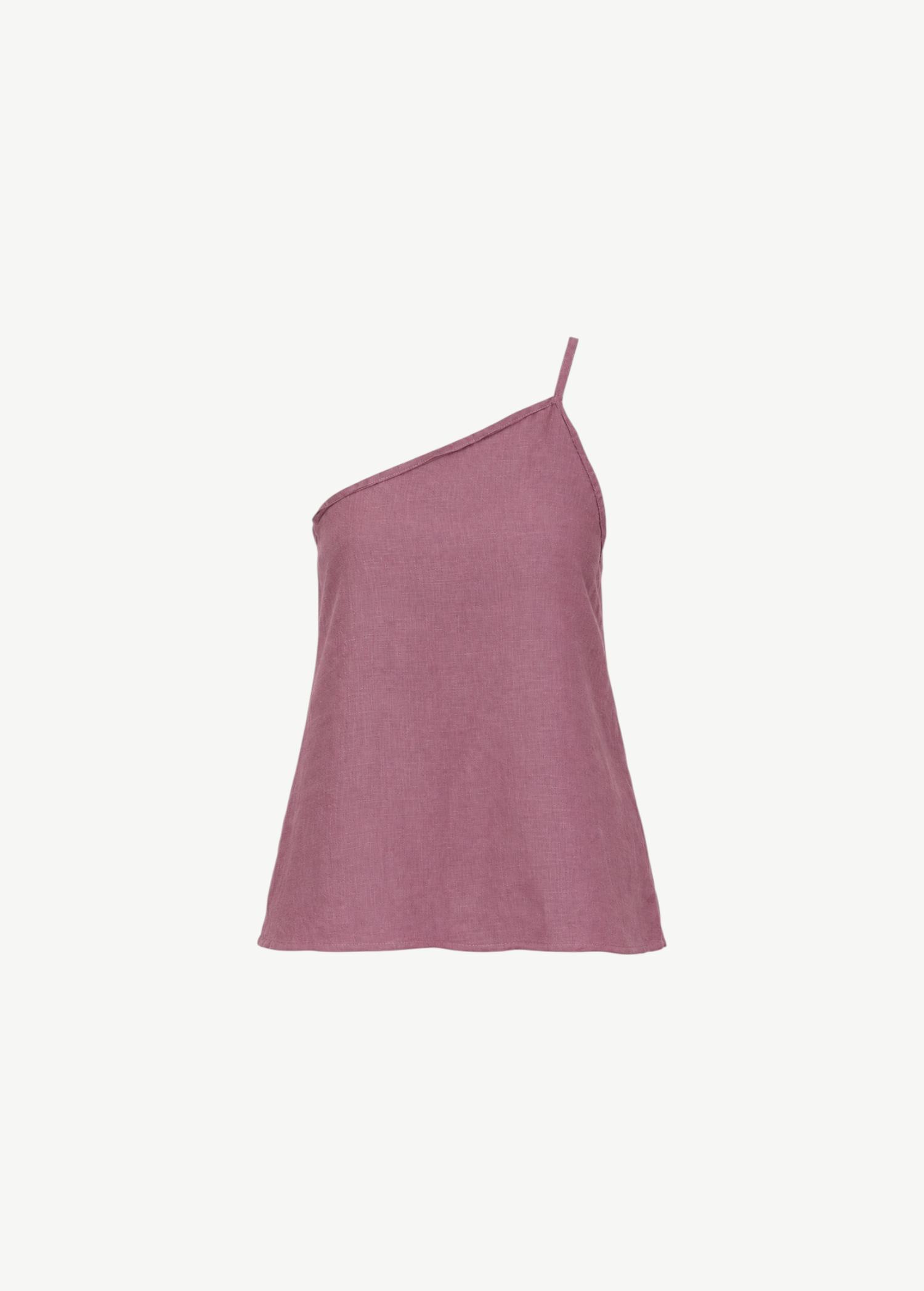 KABE SHOP INC Deiji Studios mauve linen one-shoulder top with delicate gathered neckline and relaxed fluid drape.