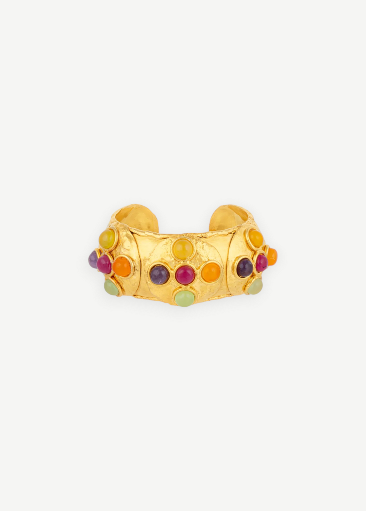 Introducing the Theodora Cuff: a wide gold ring with a gently pointed front, this handcrafted piece is adorned with small, colorful round gemstones—including red, green, purple, and orange—set against a simple white backdrop. Effortlessly wearable, the Theodora Cuff brings vibrant elegance to any ensemble.