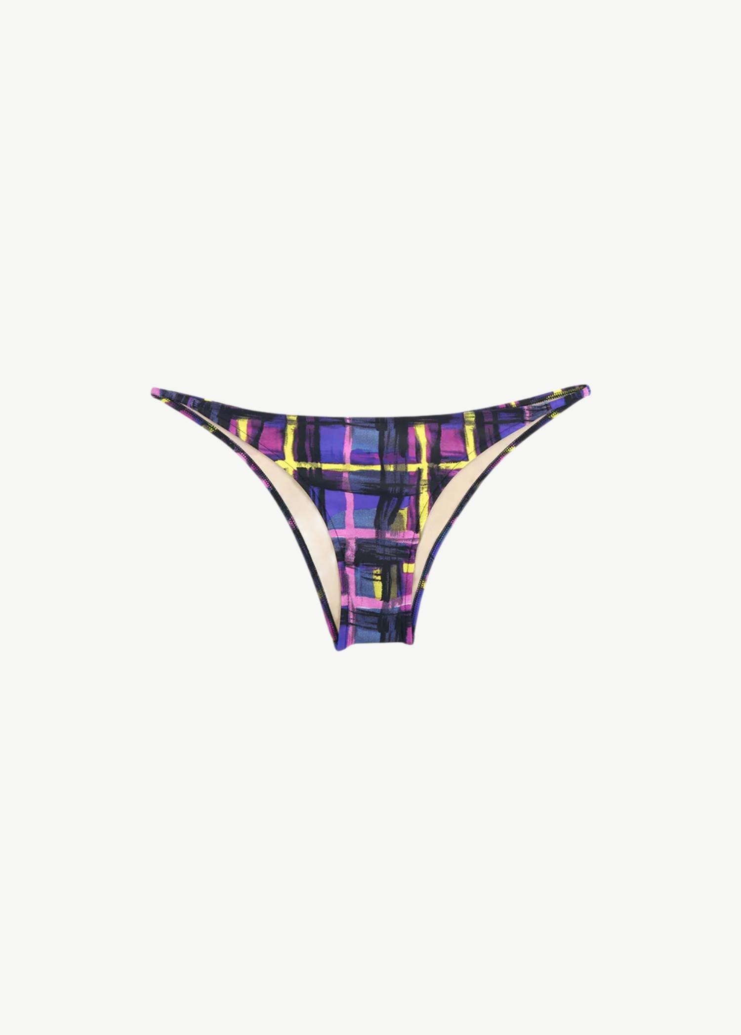 KABE SHOP INC Dolores bikini bottom in a purple, blue, and yellow plaid print with thin elasticated sides.