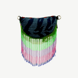 KABE SHOP INC Nayade bag featuring blue patterned fabric with long, vibrant green, pink, and blue beaded fringe.