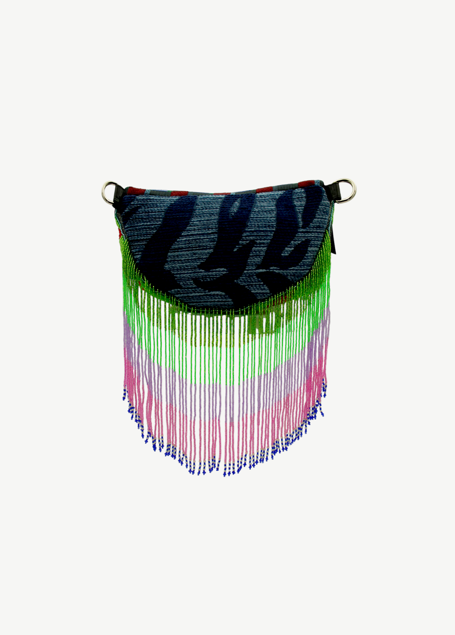 KABE SHOP INC Nayade bag featuring blue patterned fabric with long, vibrant green, pink, and blue beaded fringe.