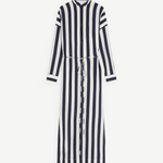 KABE SHOP INC Orta silk maxi shirt dress featuring a navy and white vertical stripe pattern and a waist tie.