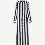 KABE SHOP INC Orta silk maxi shirt dress featuring a navy and white vertical stripe pattern and a waist tie.