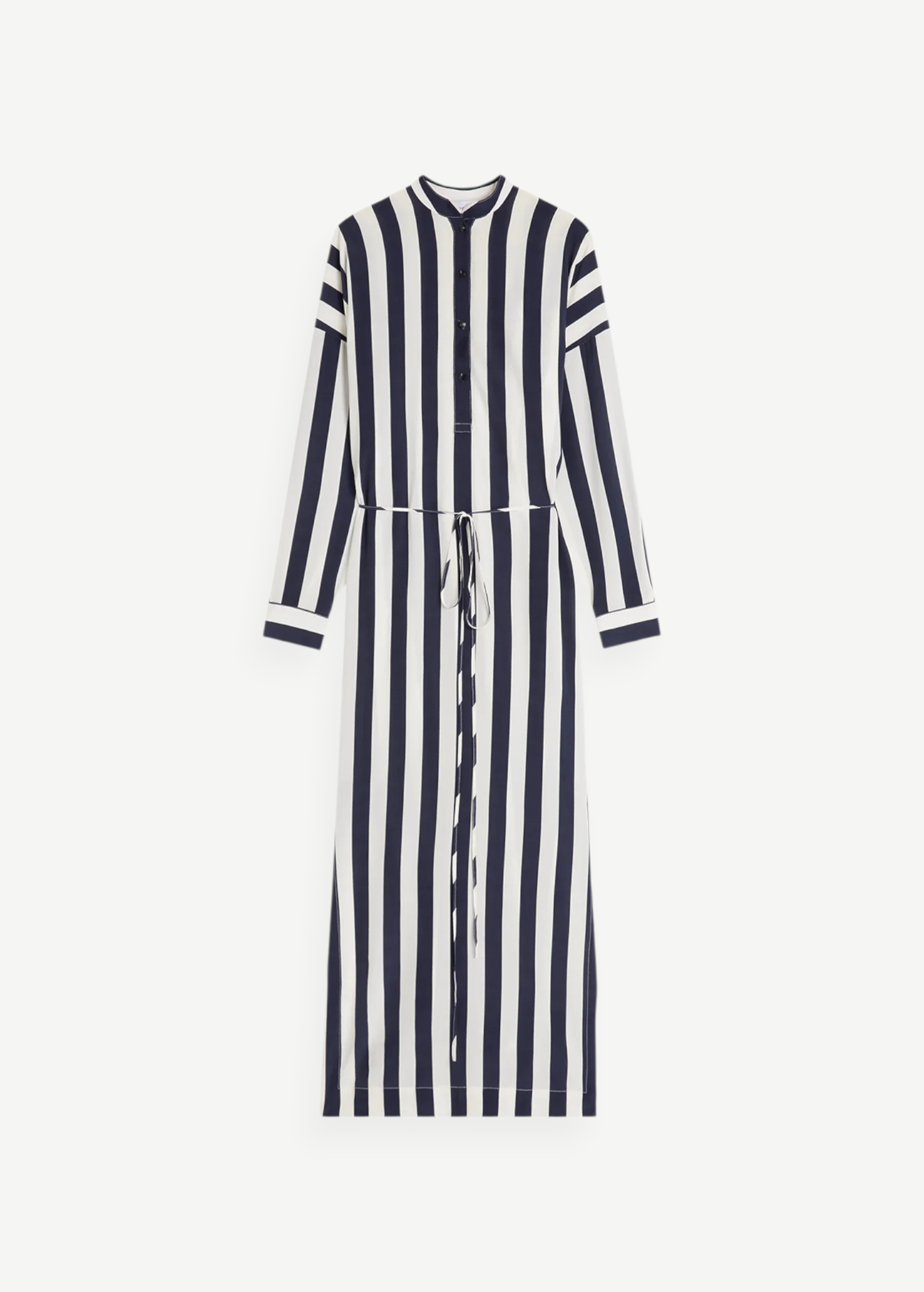 KABE SHOP INC Orta silk maxi shirt dress featuring a navy and white vertical stripe pattern and a waist tie.
