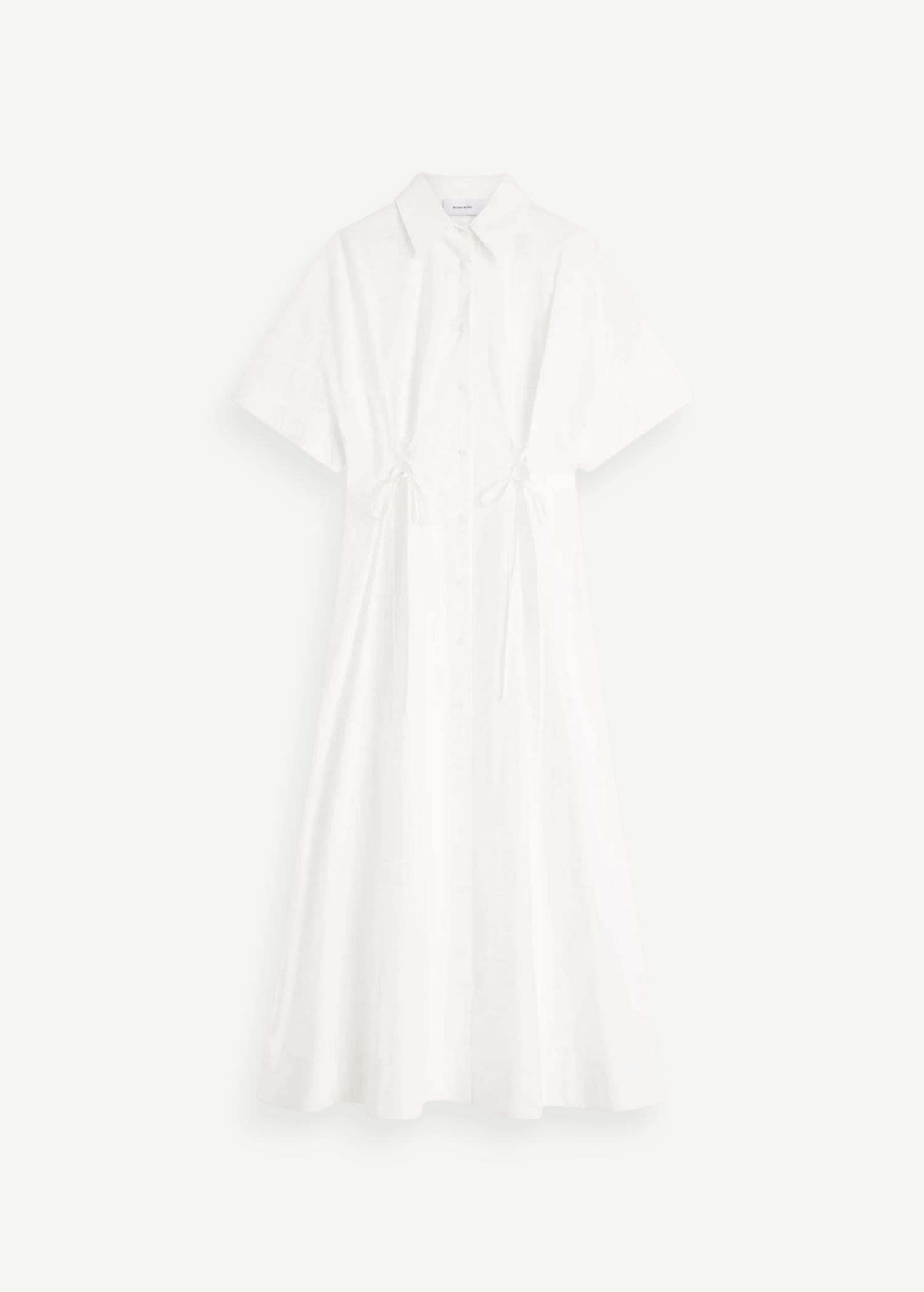 KABE SHOP INC white Kyoto lace-up shirt dress with a collared neckline, short sleeves, and a 7/8 length silhouette.