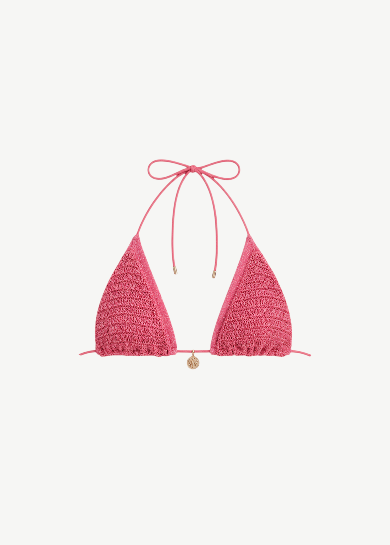 KABE SHOP INC Lutetia pink crochet triangle bikini top with a detachable gold chain charm and halter neck tie.