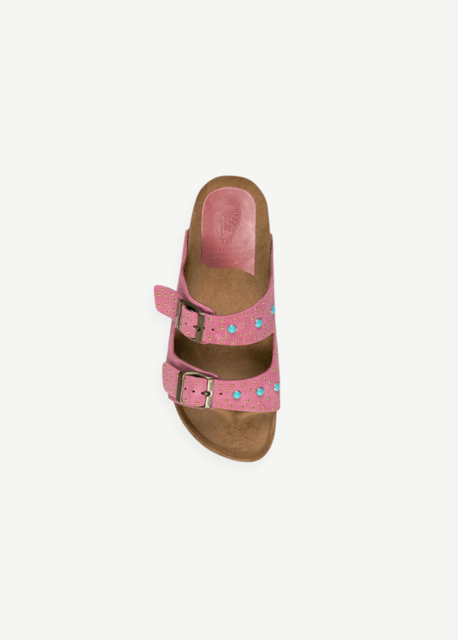 KABE SHOP INC Buckle 157 two-band sandals in chew-colored suede with turquoise studs and stone embroidery