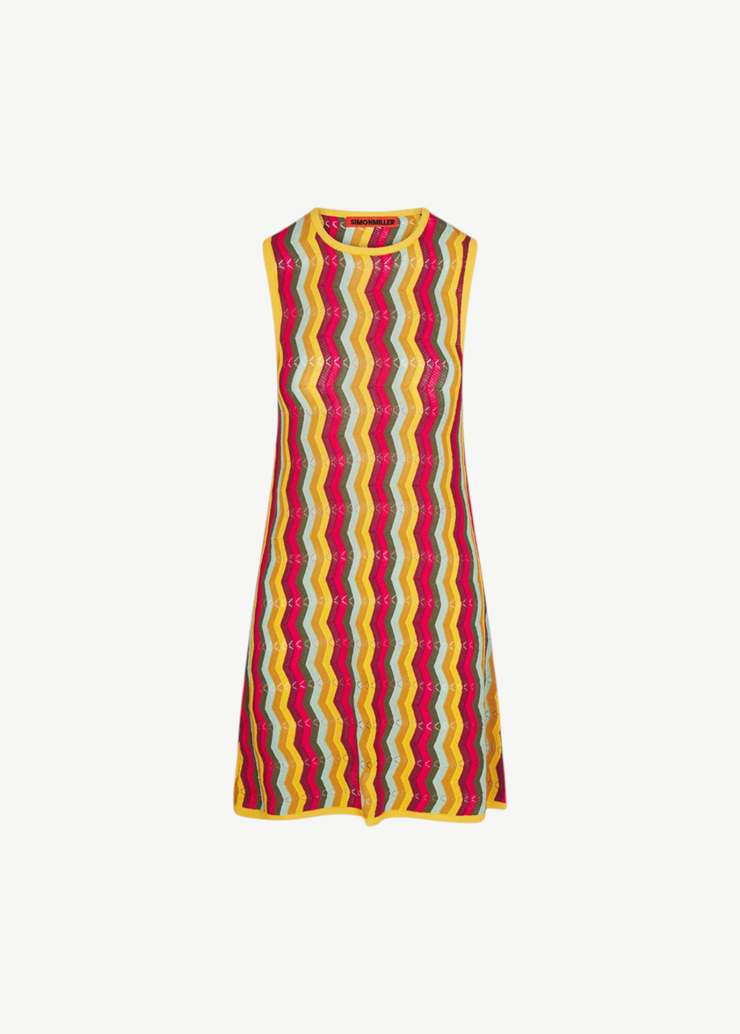 Hazel Knit Dress, a sleeveless open-mesh mini dress featuring a multicolored vertical zigzag pattern and yellow trim.