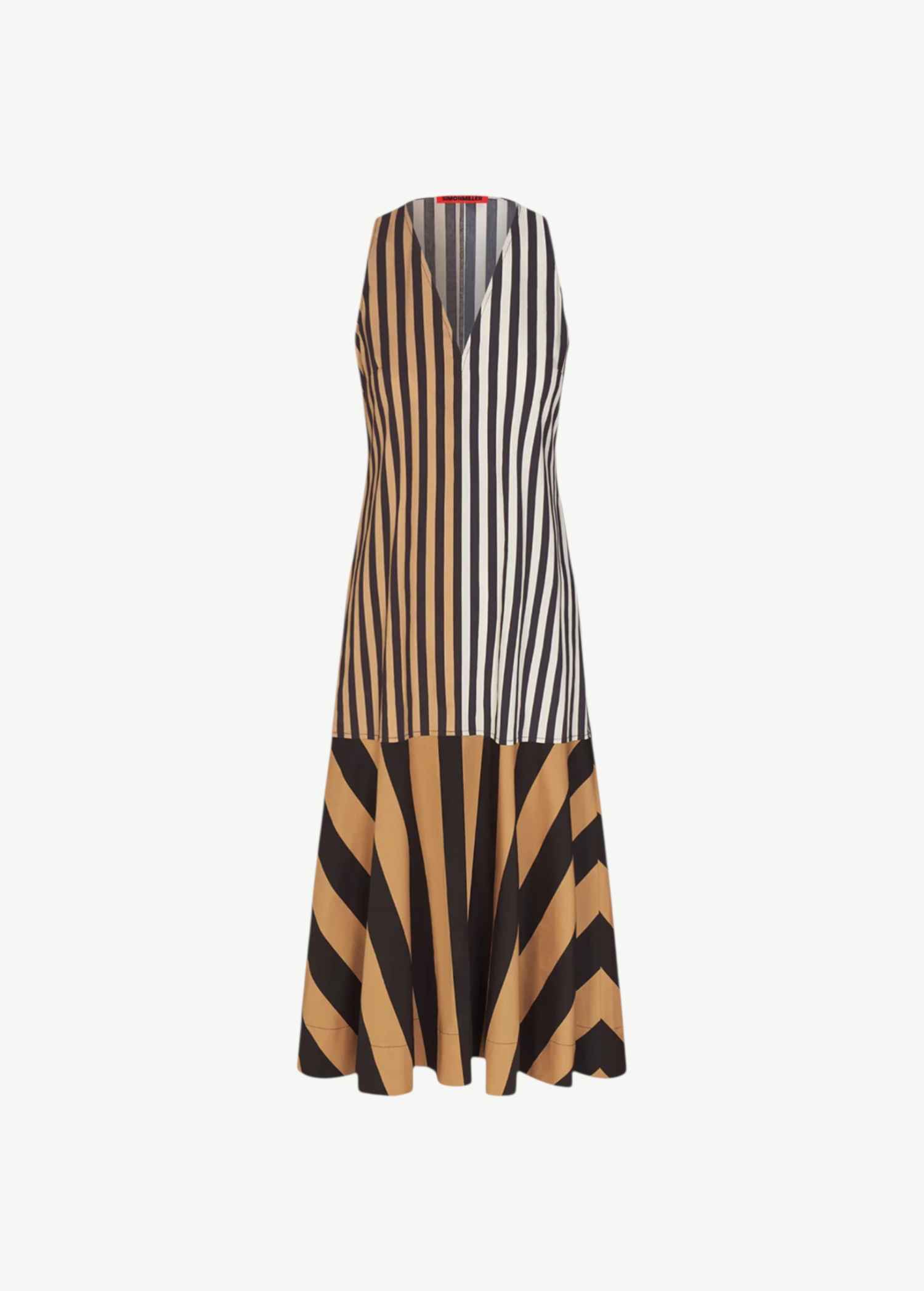 KABE SHOP INC Celeste poplin midi dress featuring a deep V-neck and a patchwork of vertical and diagonal stripes.