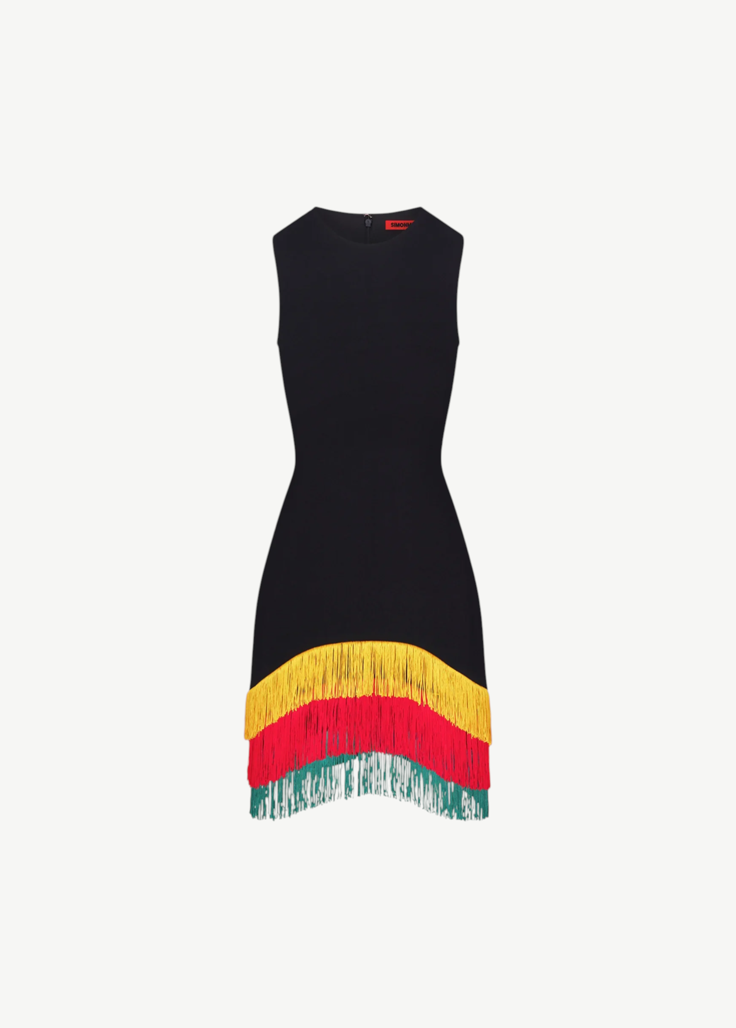 KABE SHOP INC Bowie mini dress in black with layered yellow, red, and green fringe hem for dynamic movement.