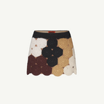 KABE SHOP INC Beep Beep mini skirt featuring hand-knit crochet circular motifs in earth tones with a neutral lining.