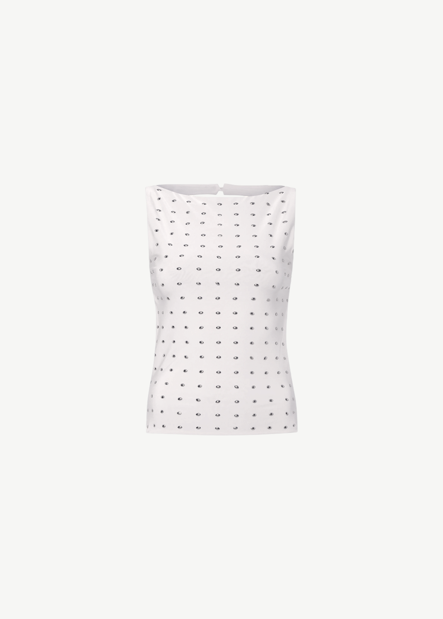 KABE SHOP INC Zelna top in white with sculptural silver stud detailing, sleeveless design, and open-back style.
