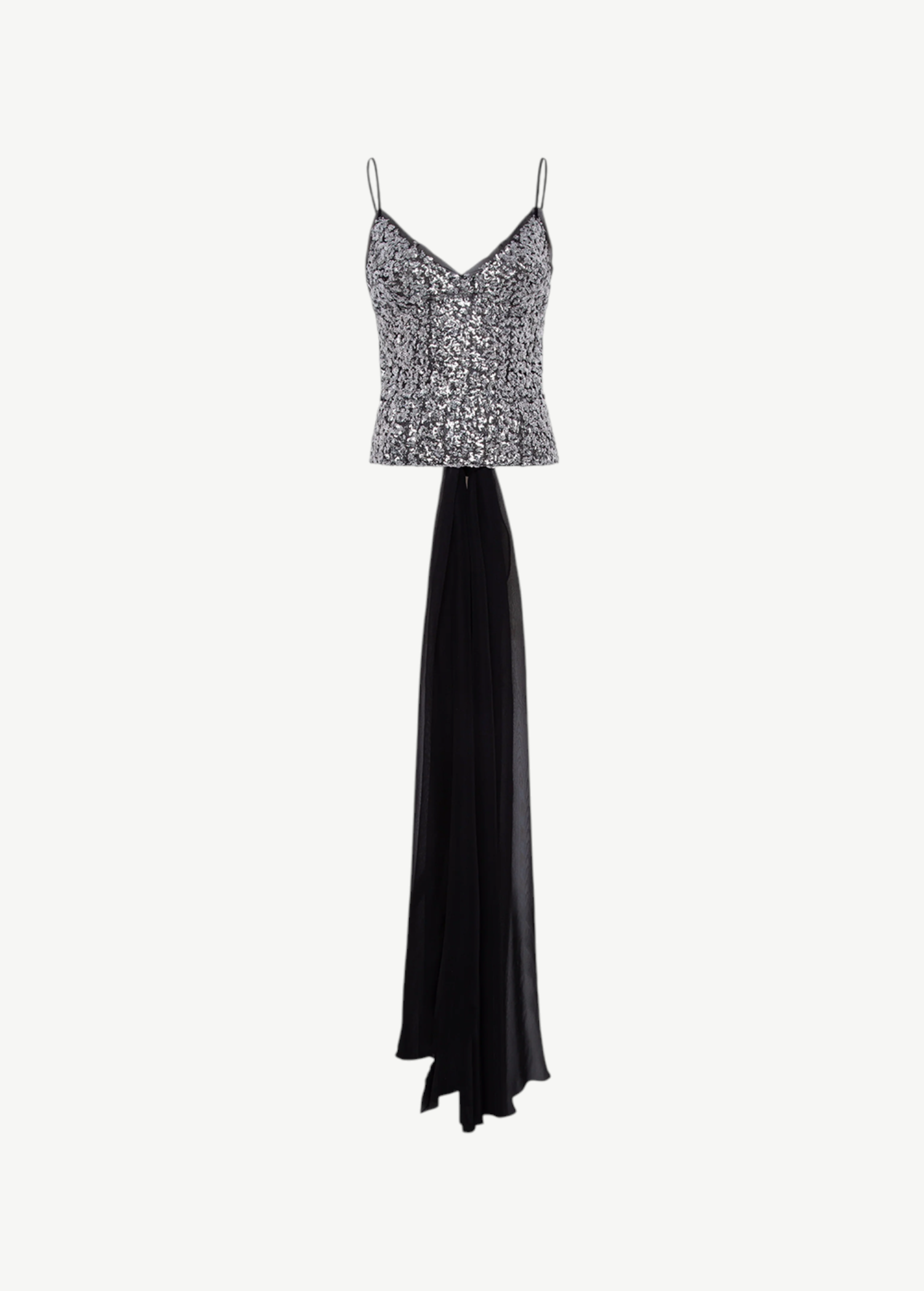 KABE SHOP INC Zaya top featuring a silver sequin bodice, spaghetti straps, and a long flowing black tulle back tie.