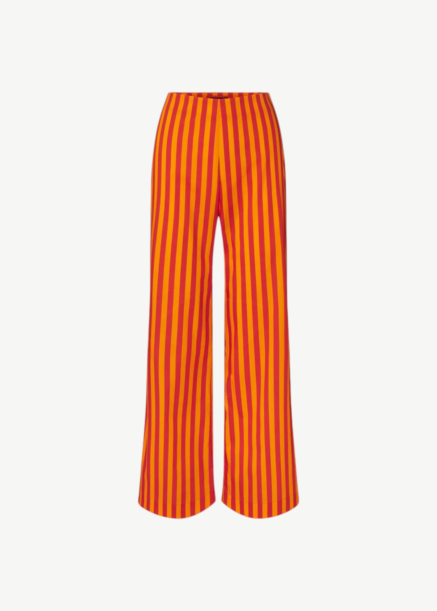 KABE SHOP INC Pia Poplin Pant in vibrant fruit punch red and orange vertical stripes with a tailored silhouette.