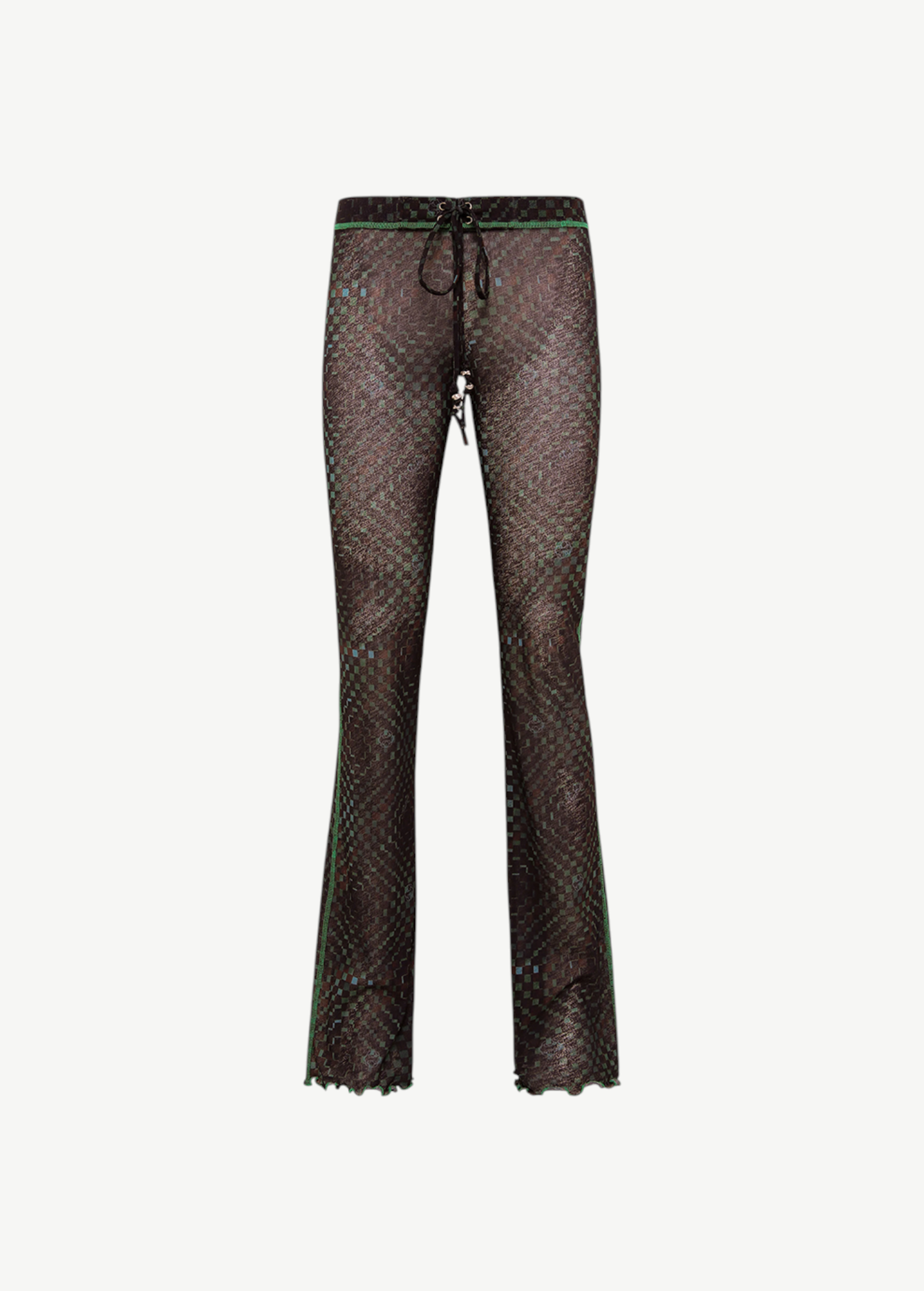 KABE SHOP INC Flo pants featuring a sheer checkered pattern, lace-up waist, and green lettuce-edge hem details.