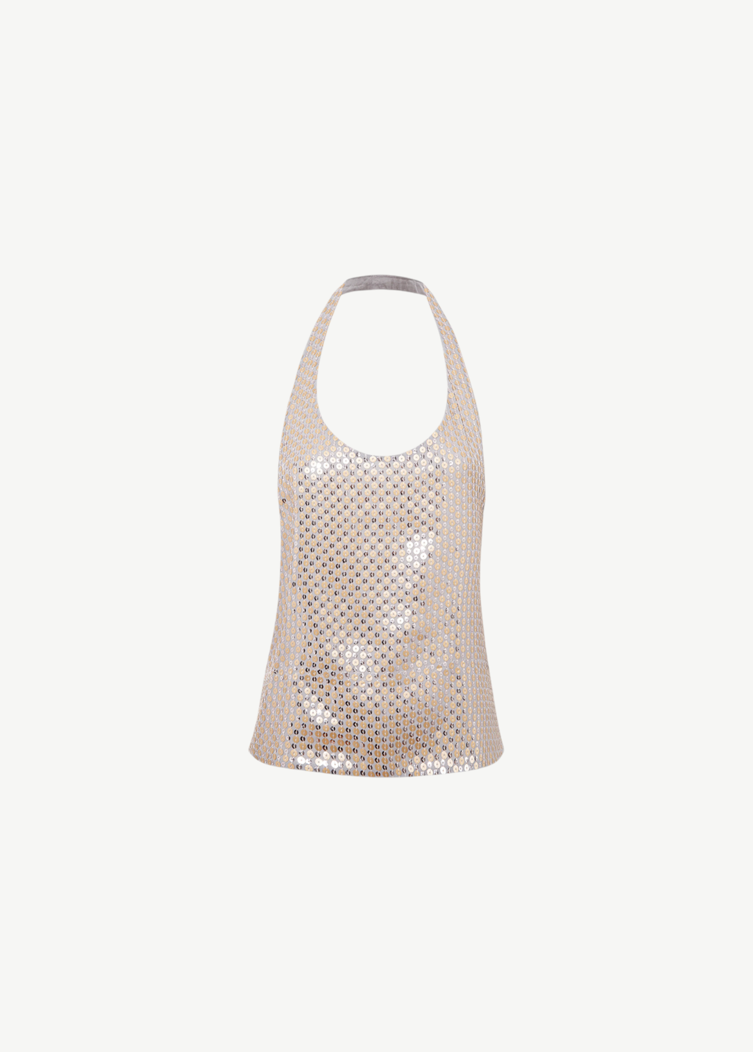 KABE SHOP INC Lorenza halter top in shimmering silver sequins with an open back and feminine silhouette