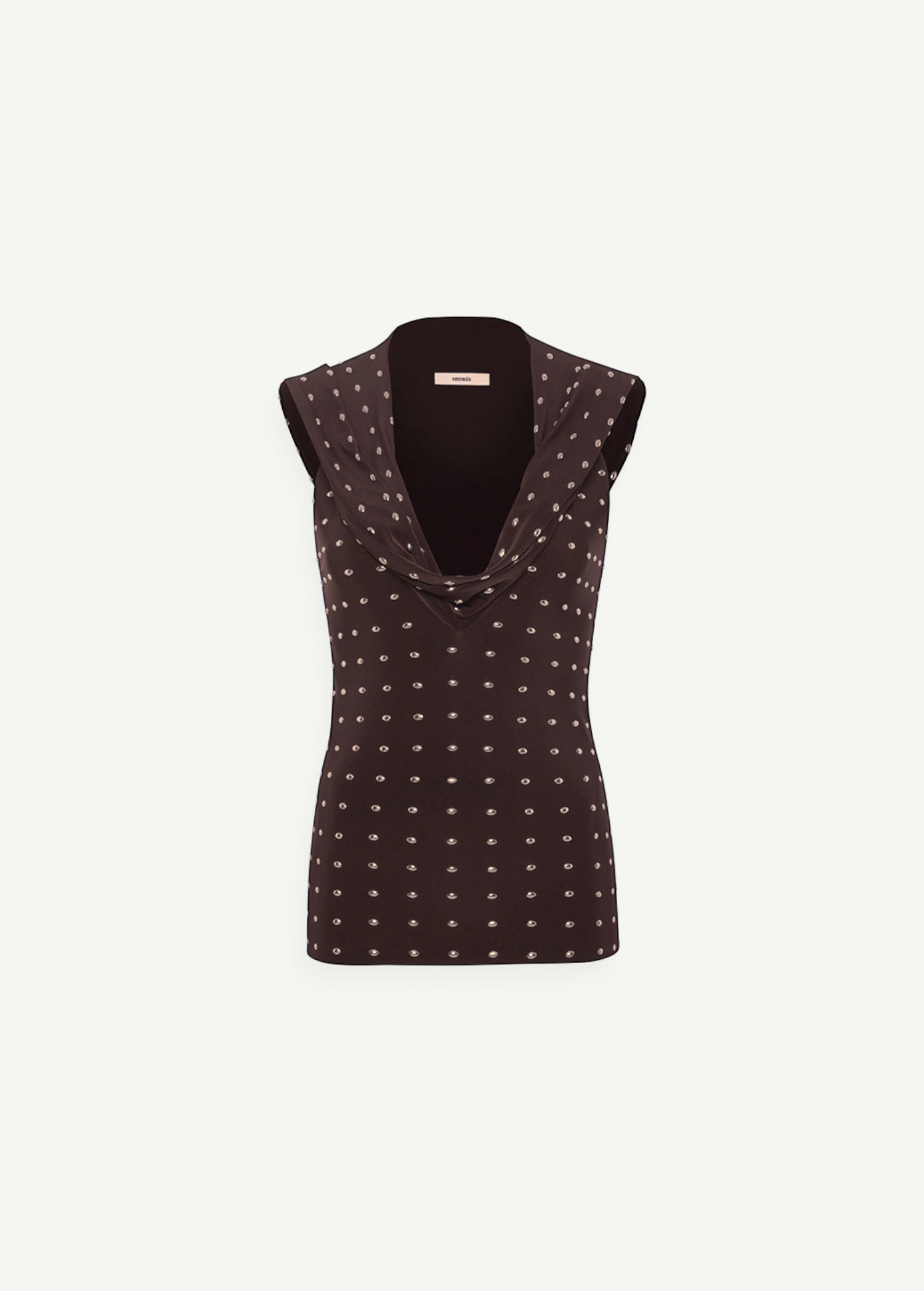 KABE SHOP INC Hunni top in dark brown with a draped cowl neckline and subtle white dot pattern