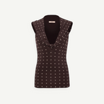 KABE SHOP INC Hunni top in dark brown with a draped cowl neckline and subtle white dot pattern
