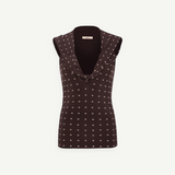 KABE SHOP INC Hunni top in dark brown with a draped cowl neckline and subtle white dot pattern