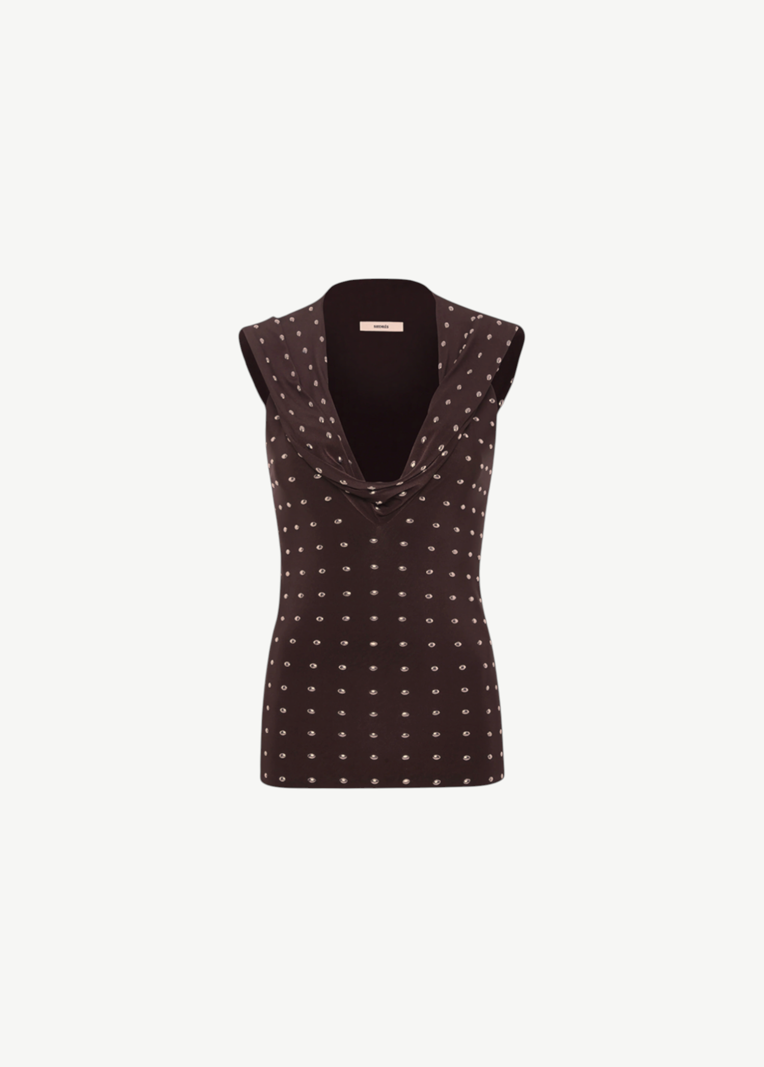 KABE SHOP INC Hunni top in dark brown with a draped cowl neckline and subtle white dot pattern