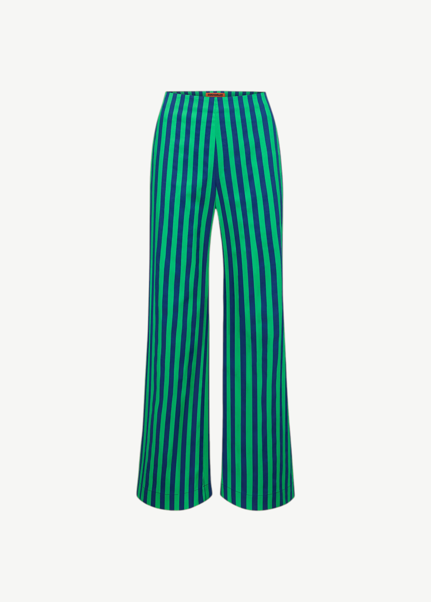 KABE SHOP INC Pia Poplin Pant in a vibrant blue and green vertical stripe pattern with a tailored wide-leg fit.