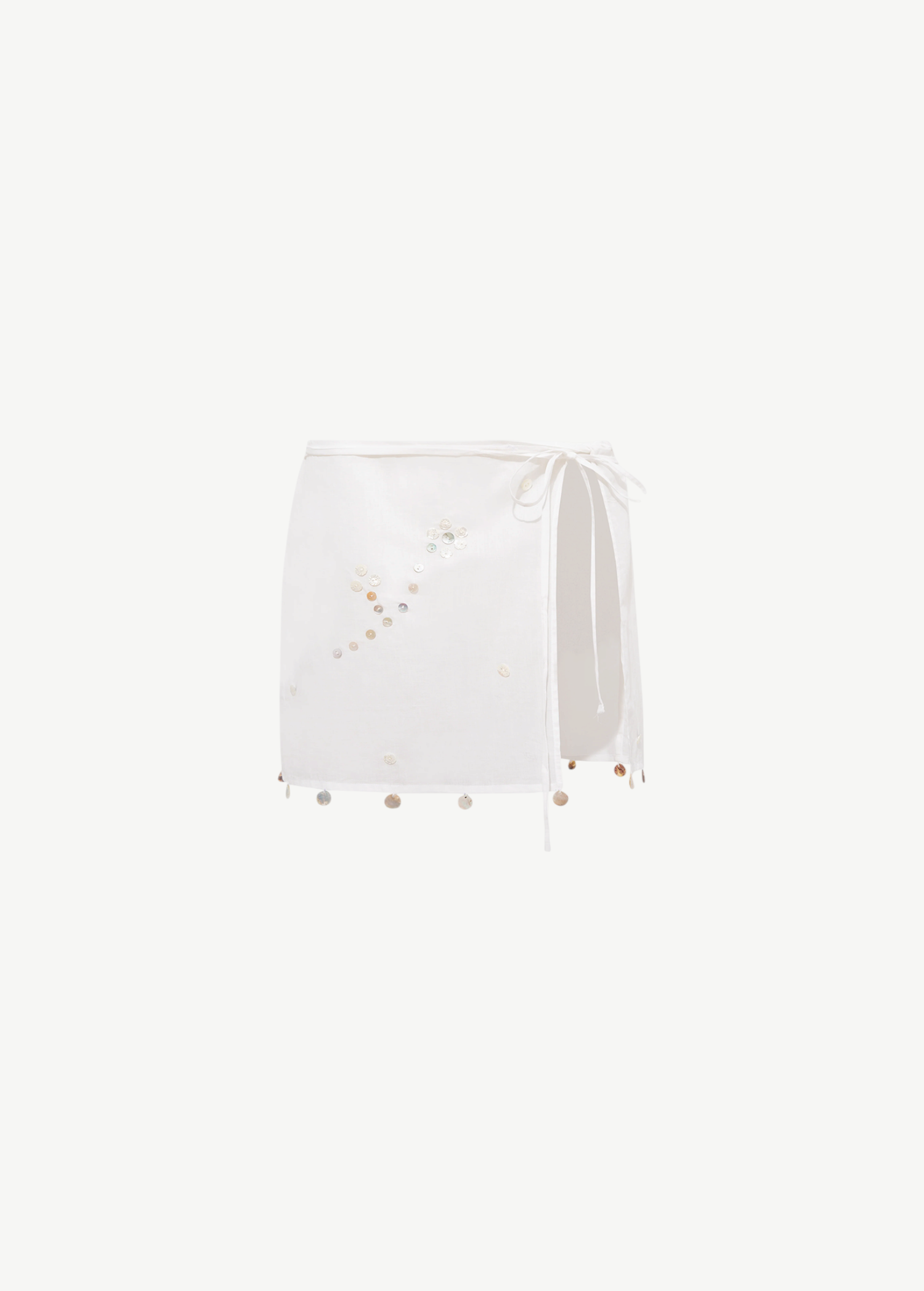 KABE SHOP INC Diasas white cotton wrap mini skirt with shell button embellishments and tie waist detail
