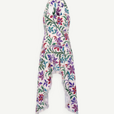 KABE SHOP INC Belora cotton dress featuring a white base with a colourful floral pixel print and raw-edge hem.