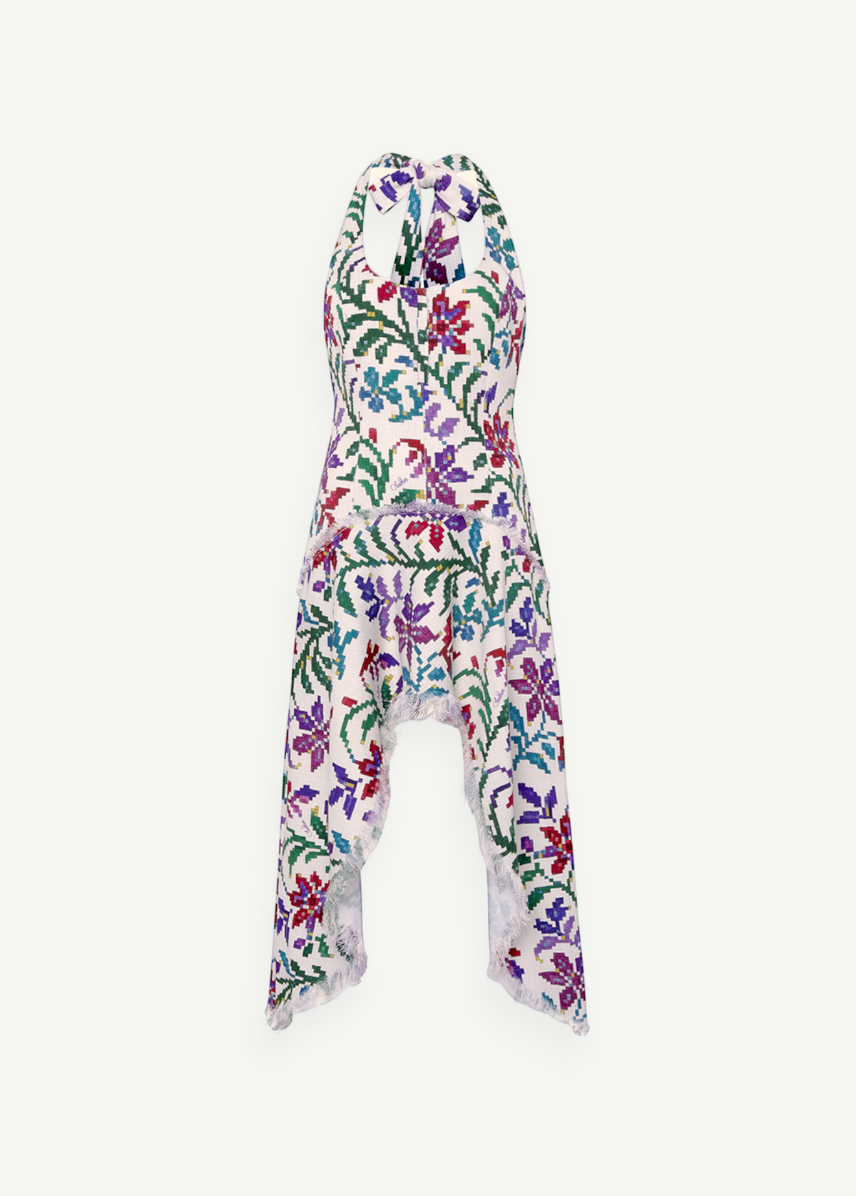 KABE SHOP INC Belora cotton dress featuring a white base with a colourful floral pixel print and raw-edge hem.