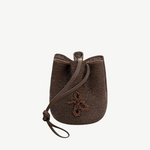 KABE SHOP INC brown woven bucket bag with a drawstring closure and embroidered logo detail on the front.