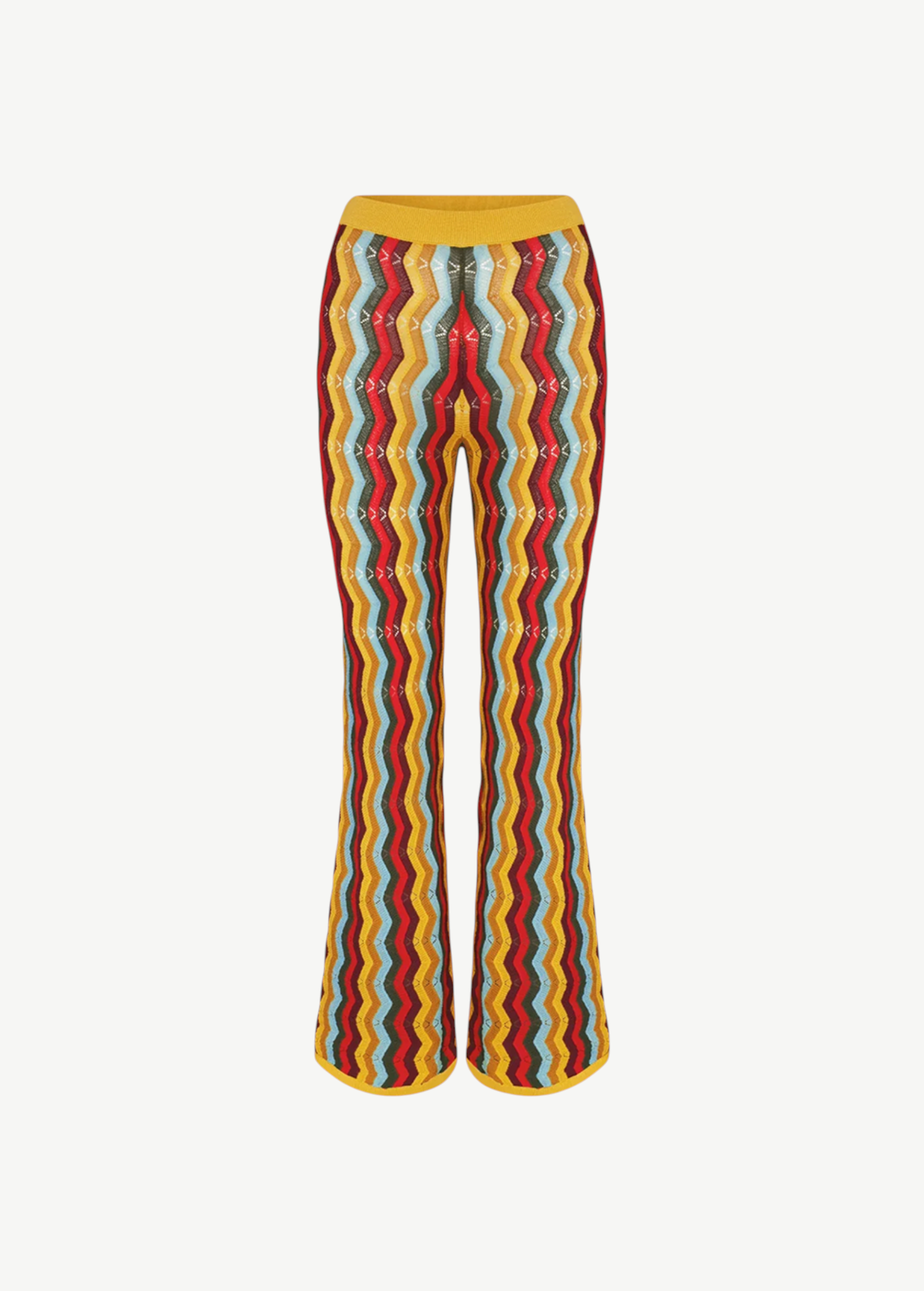 Ophelia Knit Pant pull-on open-mesh knit pants featuring a colorful vertical zigzag pattern in yellow, red, blue, and brown.